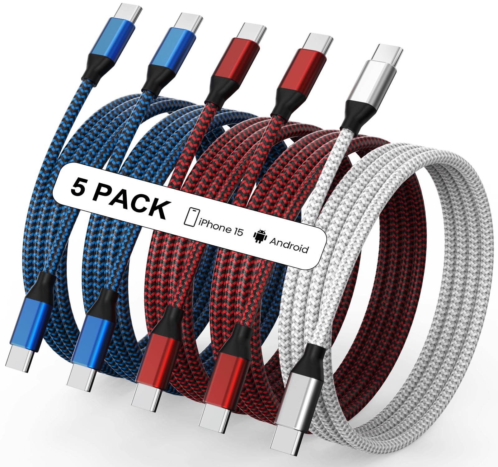 Usb C To Usb C Cable Nylon Braided 60W 3/3/6/6/10 Ft Usb Type C Fast Charging Cable For Iphone 16/16 Plus/16 Pro Max/15/15 Plus/15 Pro Max, Macbook Pro, Ipad Pro Air, Samsung S24/S24 Ultra/S23